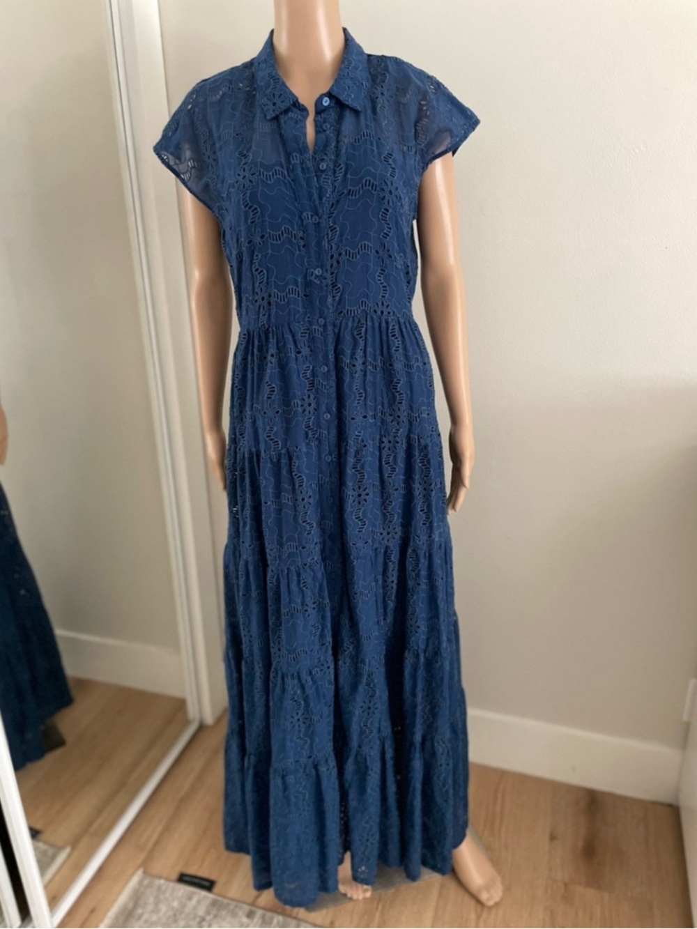 Johnny Was Embroidered Eyelet Tiered Maxi Dress Button Front Blue Size M - Picture 2 of 6